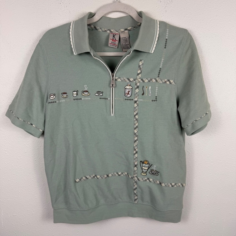 Vintage Koret K Wear Sage Green Coffee Tea Embroidered‎ Quarter Zip Polo Shirt S
